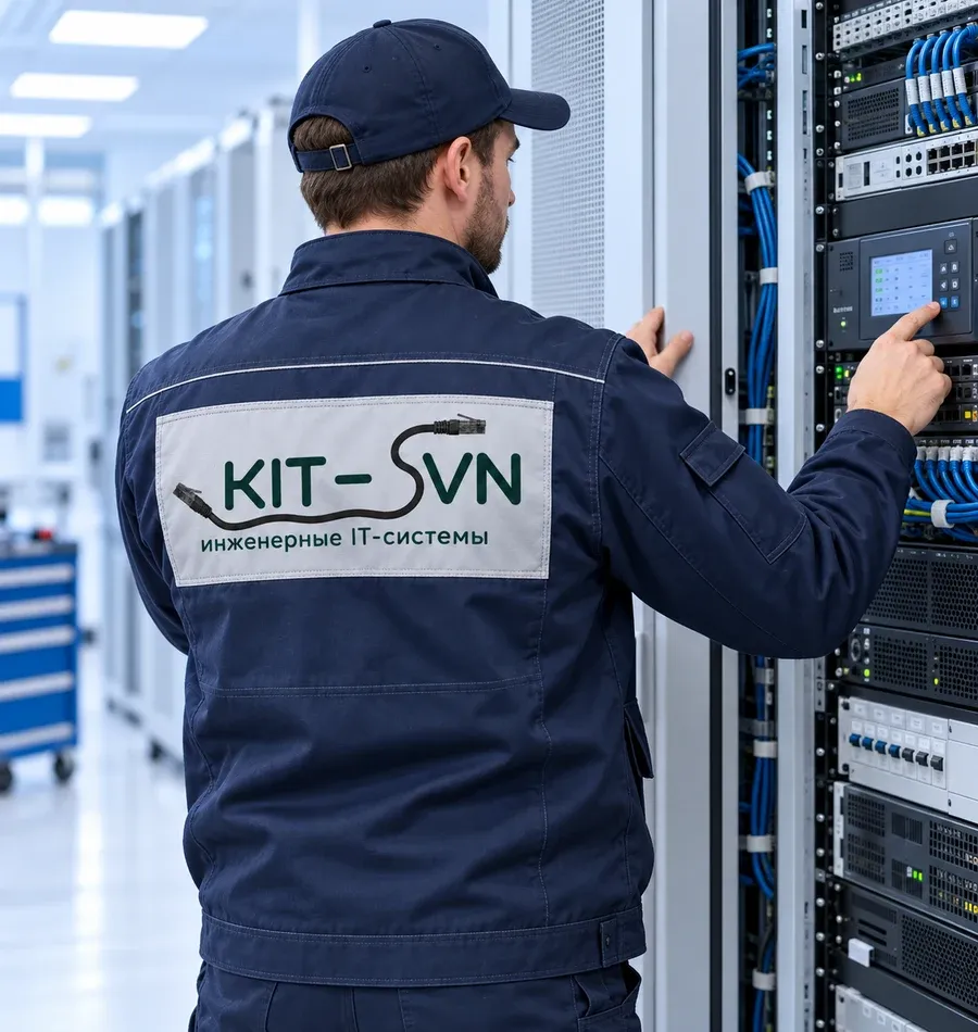 Инженер KIT-SVN проверяет слаботочное оборудование в шкафу