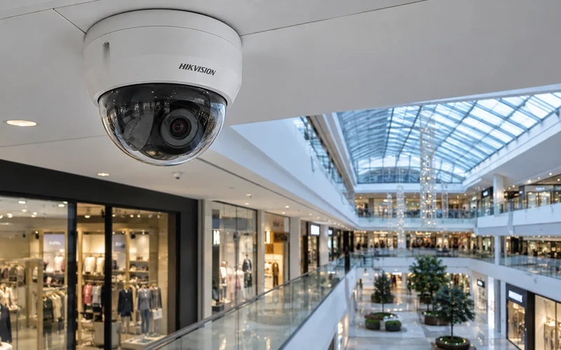 Купольная камера Hikvision под потолком торговой галереи с обзором витрин