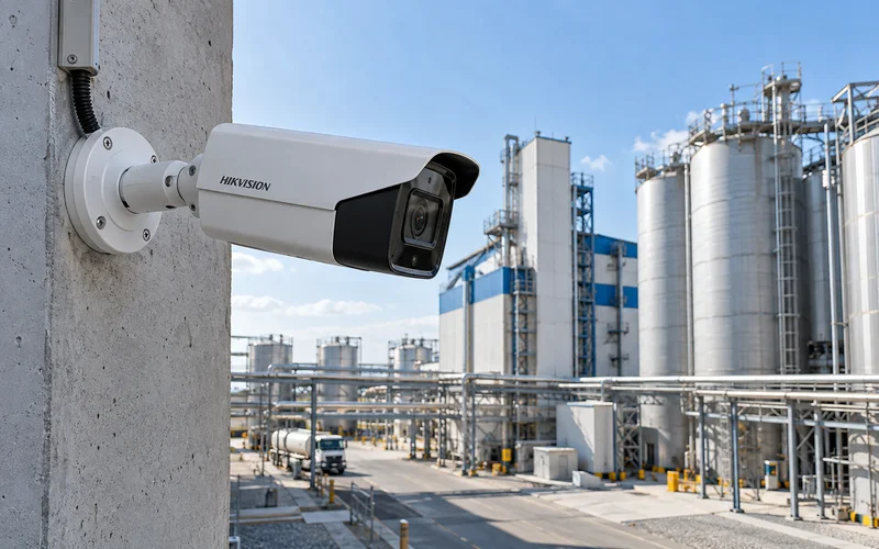 Уличная камера Hikvision на стене заводского корпуса, обзор производственной территории