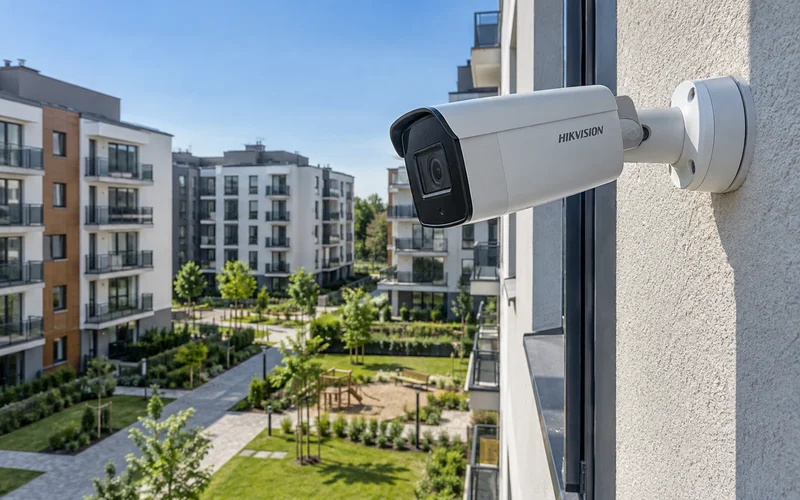 Камера Hikvision на стене многоэтажки, в обзоре двор и детская площадка