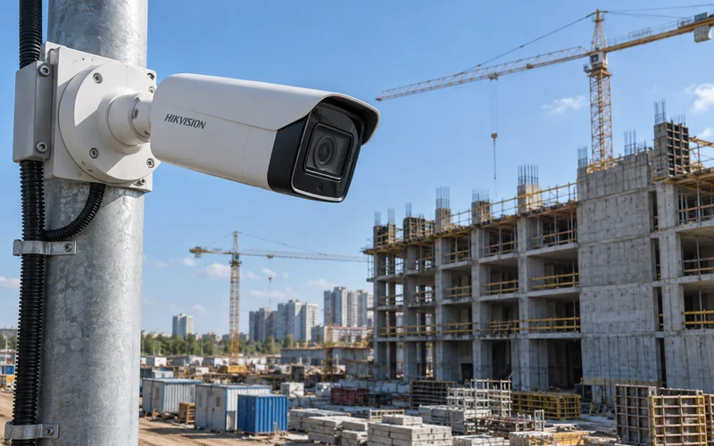 Камера Hikvision на опоре над строительной площадкой