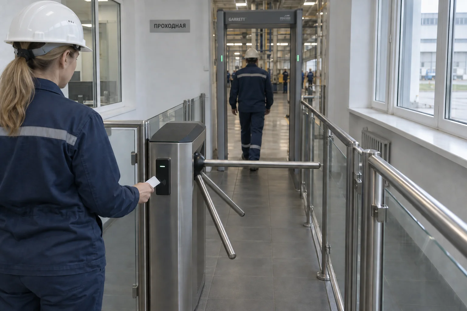 Сотрудница прикладывает пропуск к считывателю турникета-трипода, за ней мужчина проходит через рамку металлодетектора