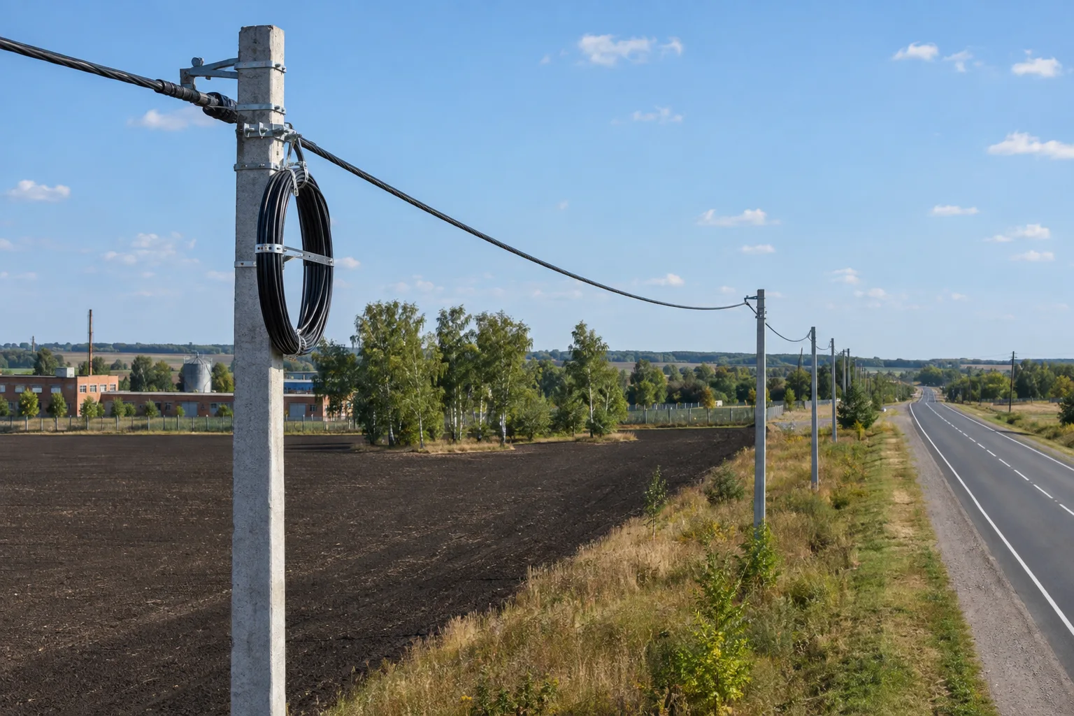 Оптический кабель на опорах вдоль загородной дороги