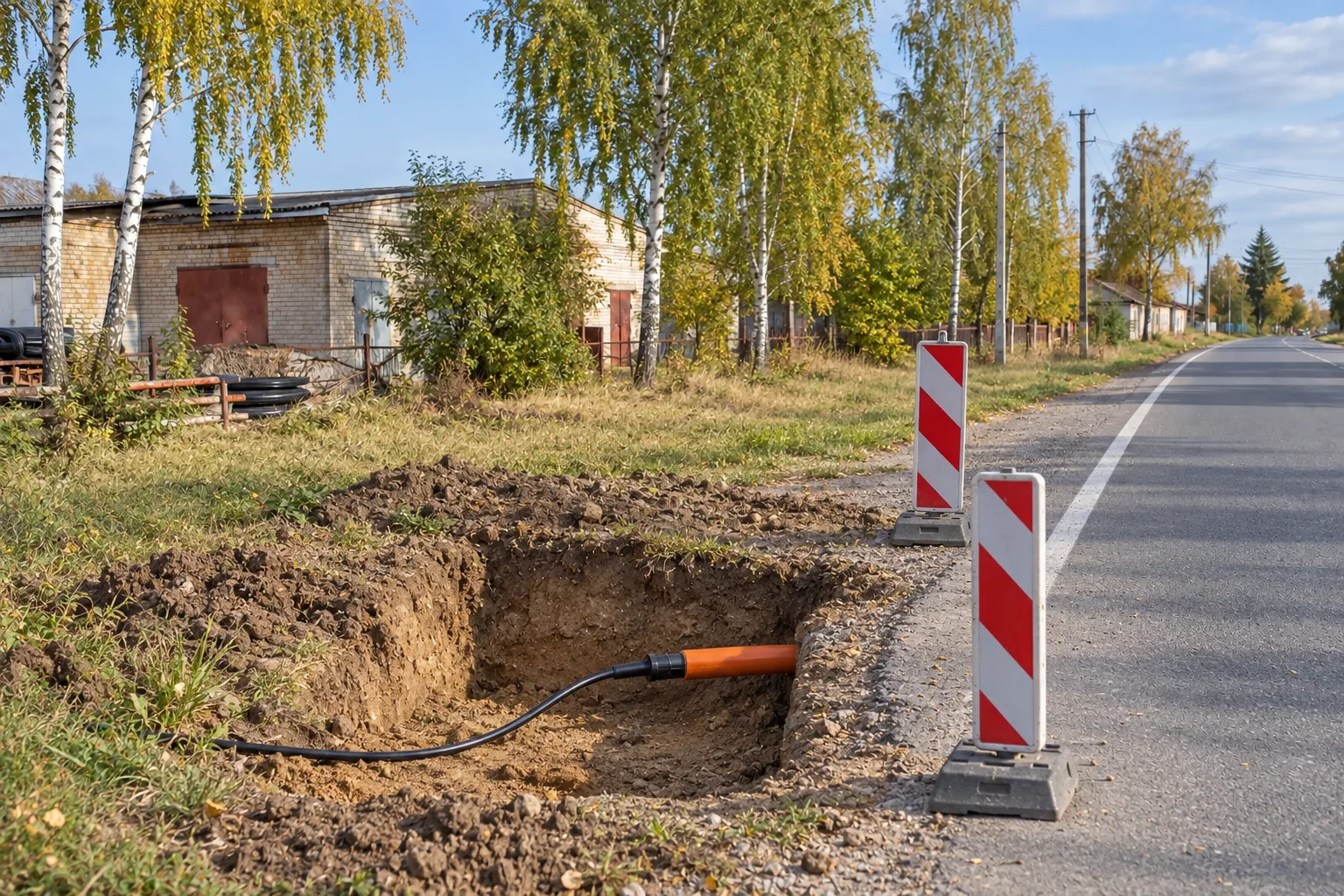 Выход защитной трубы с оптикой после перехода под дорогой